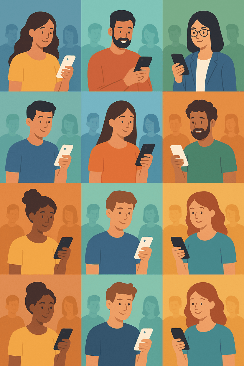 Diverse group of micro-influencers using smartphones